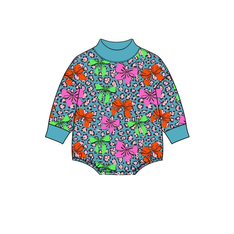 Preorder (moq 5) Baby Girl Clothes Leopard Bright Bow Allover Print Long Sleeve Mock Neck Bubble Romper