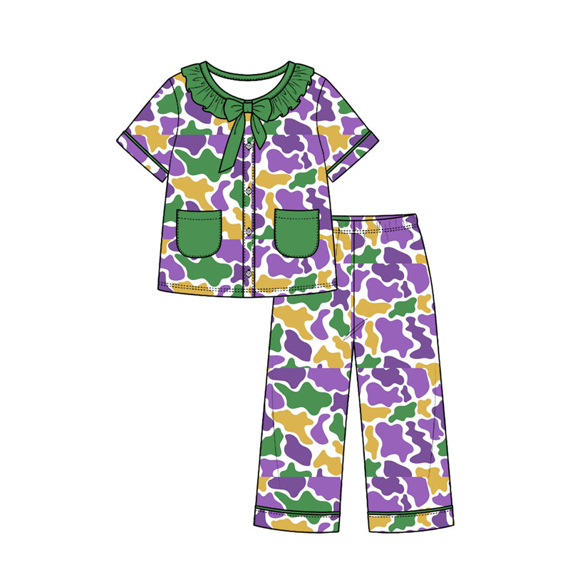 Preorder (moq 5) Girls Mardi Gras Pajamas Purple Green Gold Cow Print Ruffle Collar Bow Short Sleeve Top Long Pants Set
