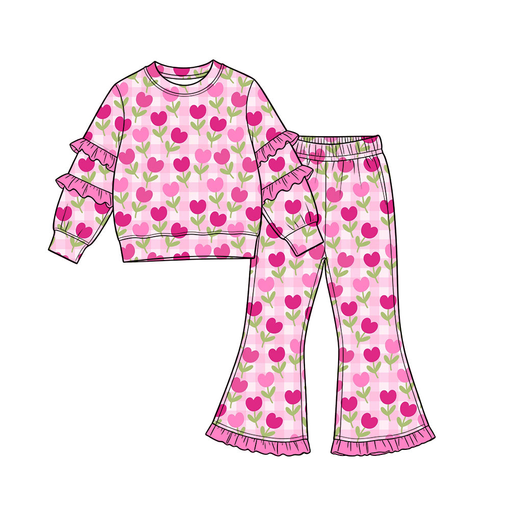 Preorder (moq 5) Baby Girl Clothes Gingham Tulip Heart Allover Print Long Sleeve Ruffle Sleeve Flare Pant Set