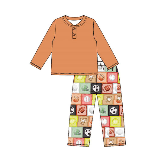 Preorder (moq 5) Baby Boy Clothes Multi Sport Ball Patchwork Print Long Sleeve Henley Top Pant Set