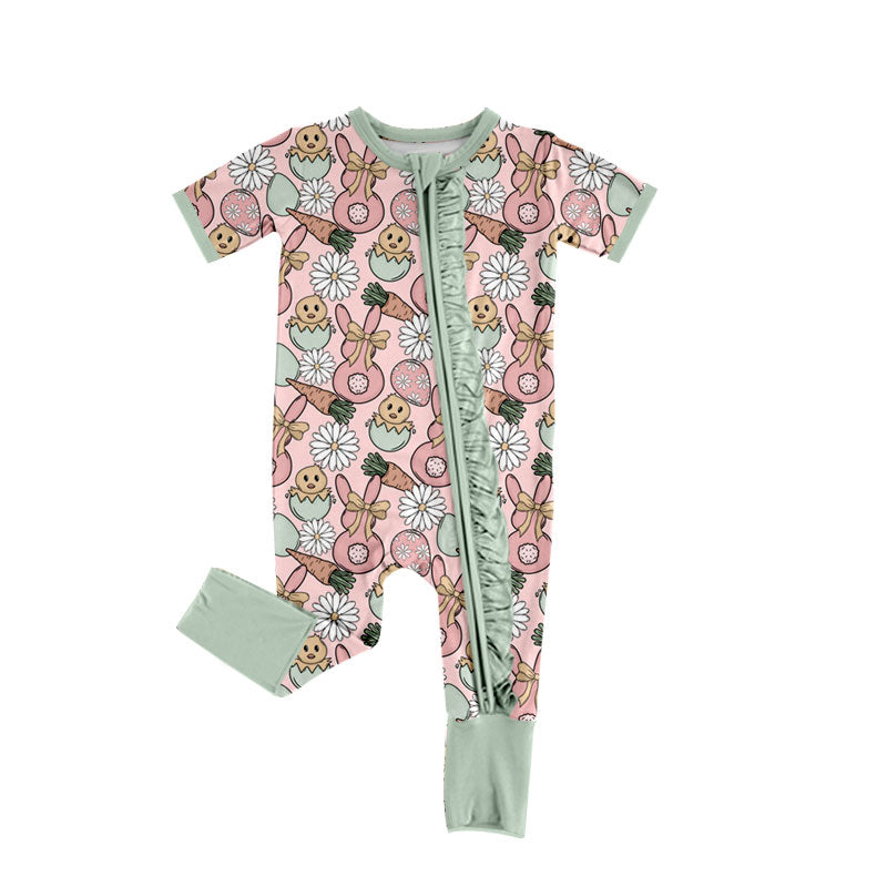 Preorder (moq 5) Baby Girl Clothes Easter Bunny Chick Egg Daisy Print Short Sleeve Zipper Ruffle Baby Jumpsuit