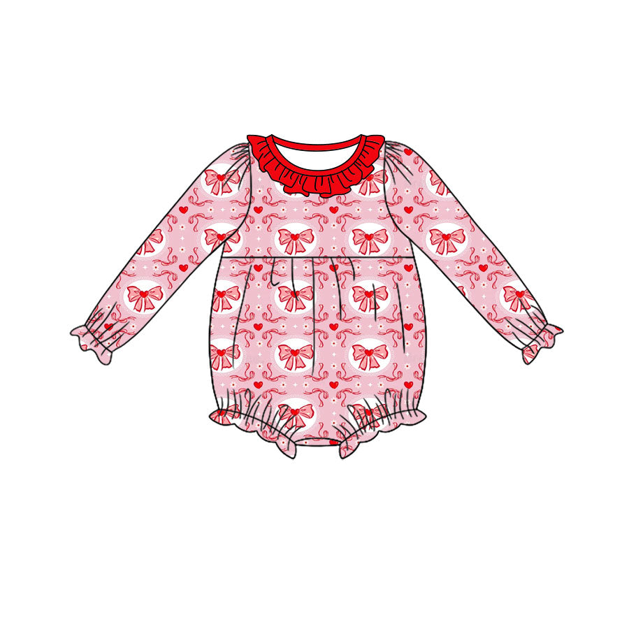 Preorder (moq 5) Baby Girl Clothes Red Bow Heart Circle Print Long Sleeve Ruffle Neck Bubble Romper