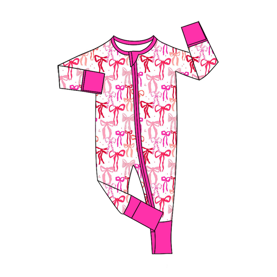 Preorder (moq 5) Baby Girl Clothes Hot Pink Red Bow Print Long Sleeve Zipper Jumpsuit