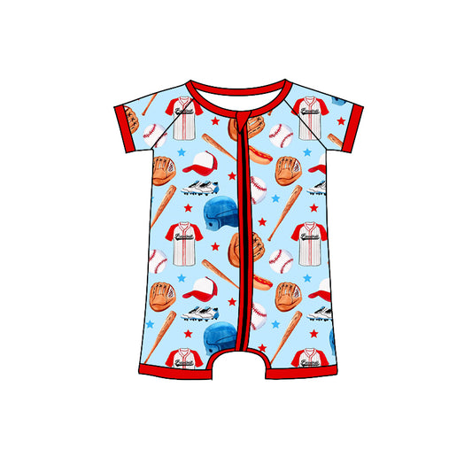 Preorder (moq 5) Baby Boy Romper Baseball Uniform Glove Bat Hot Dog Print Short Sleeve Zipper Romper