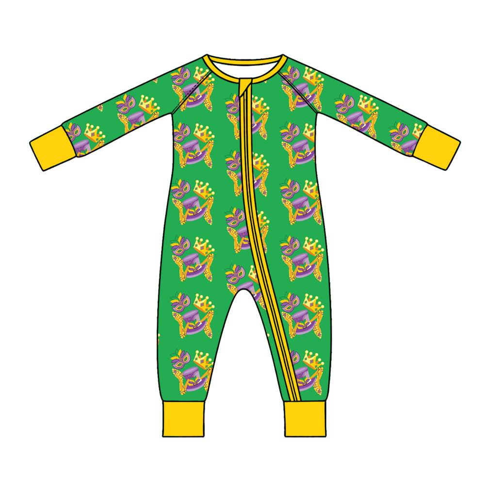 Preorder (moq 5) Baby Girl Clothes Mardi Gras Mask Crown Leopard Mixed Print Long Sleeve Zipper Romper