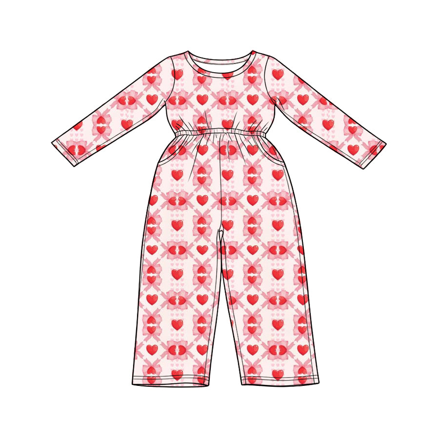 Preorder (moq 5) Baby Girl Clothes Red Heart Bow Checker Mixed Print Long Sleeve Elastic Waist Pocket Jumpsuit