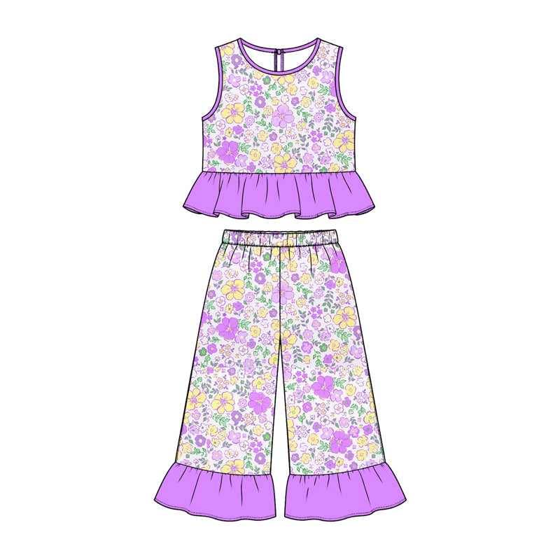 Preorder (moq 5) Baby Girl Clothes Mardi Gras Purple Yellow Floral Mixed Print Sleeveless Ruffle Flare Pant Set