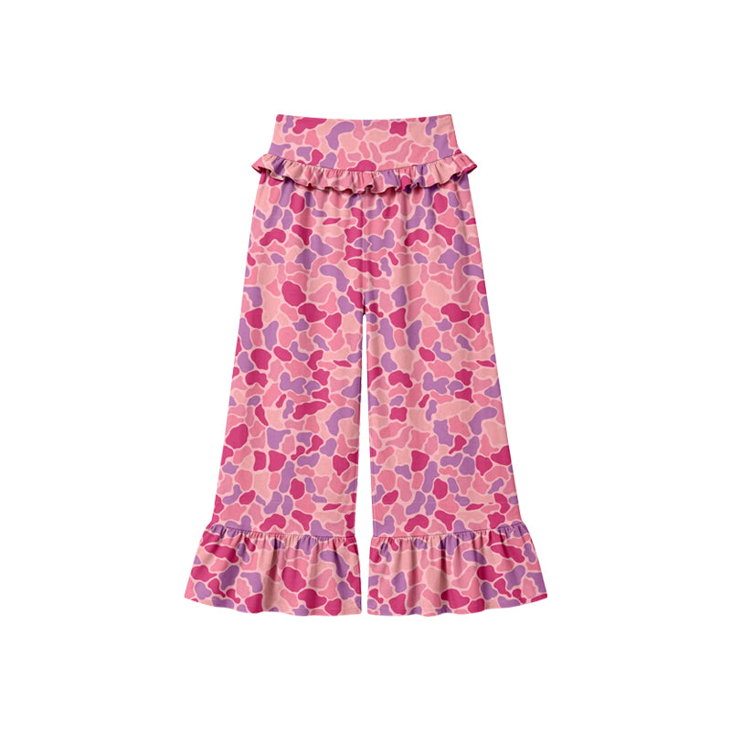 Preorder (moq 5) Baby Girl Clothes Pink Purple Camo Print Ruffle High Waist Flare Pant