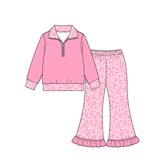 Preorder (moq 5) Baby Girl Clothes Light Pink Leopard Print Long Sleeve Half Zip Top Ruffle Flare Pant Set