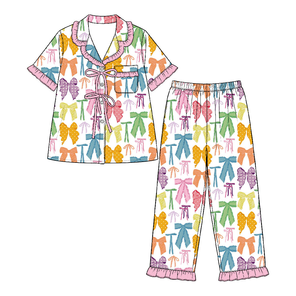 Preorder (moq 5) Baby Girl Clothes Colorful Polka Dot Bow Mixed Print Short Sleeve Ruffle Pajama Set