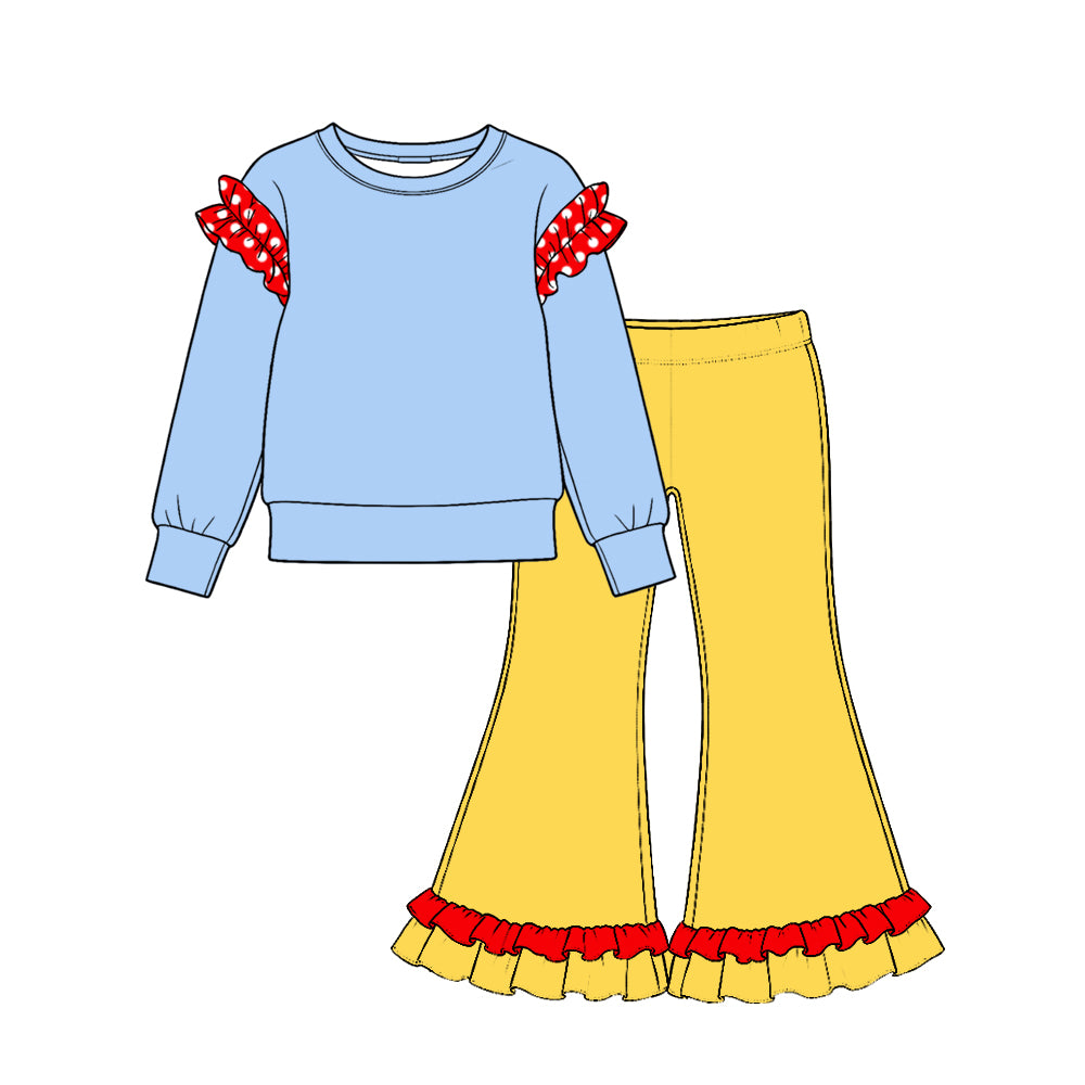 Preorder (moq 5) Baby Girl Clothes Light Blue Yellow Red Polka Dot Ruffle Long Sleeve Flare Pant Set