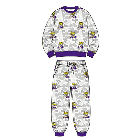 Preorder (moq 5) LSU Baby Clothes Grey Camo Logo Mixed Print Long Sleeve Sweatshirt Jogger Pants Outfit Set