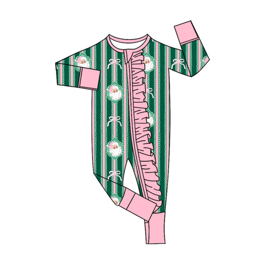Preorder (moq 5) Baby Girl Clothes Christmas Santa Stripe Bow Mixed Print Long Sleeve Ruffle Zipper Romper