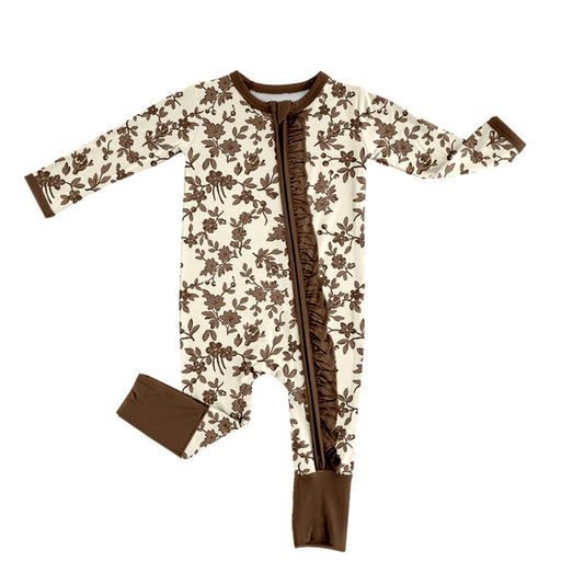 Preorder (moq 5) Baby Girl Clothes Vintage Brown Floral Print Long Sleeve Ruffle Zip Front Romper Jumpsuit