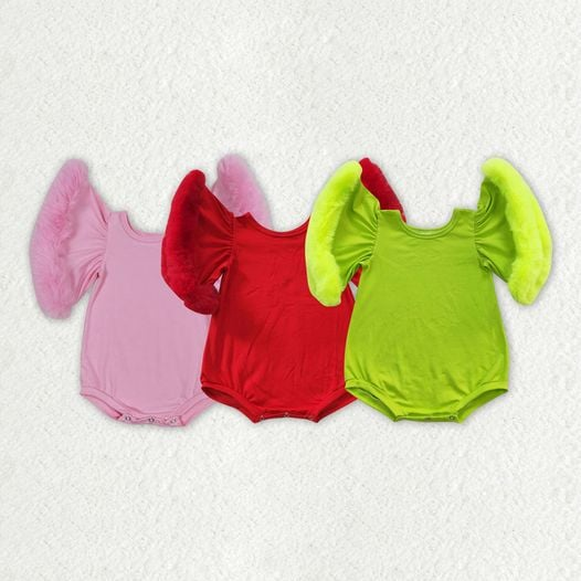 SR0413 RTS christmas flare fur fluffy  green short sleeve girl  romper 20230809