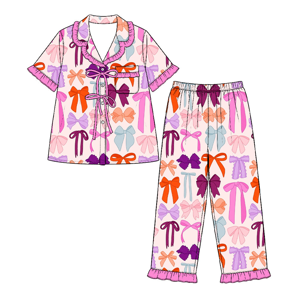 Preorder (moq 5) Baby Girl Clothes Pink Purple Orange Bow Mixed Print Short Sleeve Ruffle Pajama Set