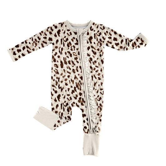 Preorder (moq 5) Baby Girl Clothes Neutral Leopard Print Long Sleeve Ruffle Zip Front Romper Jumpsuit