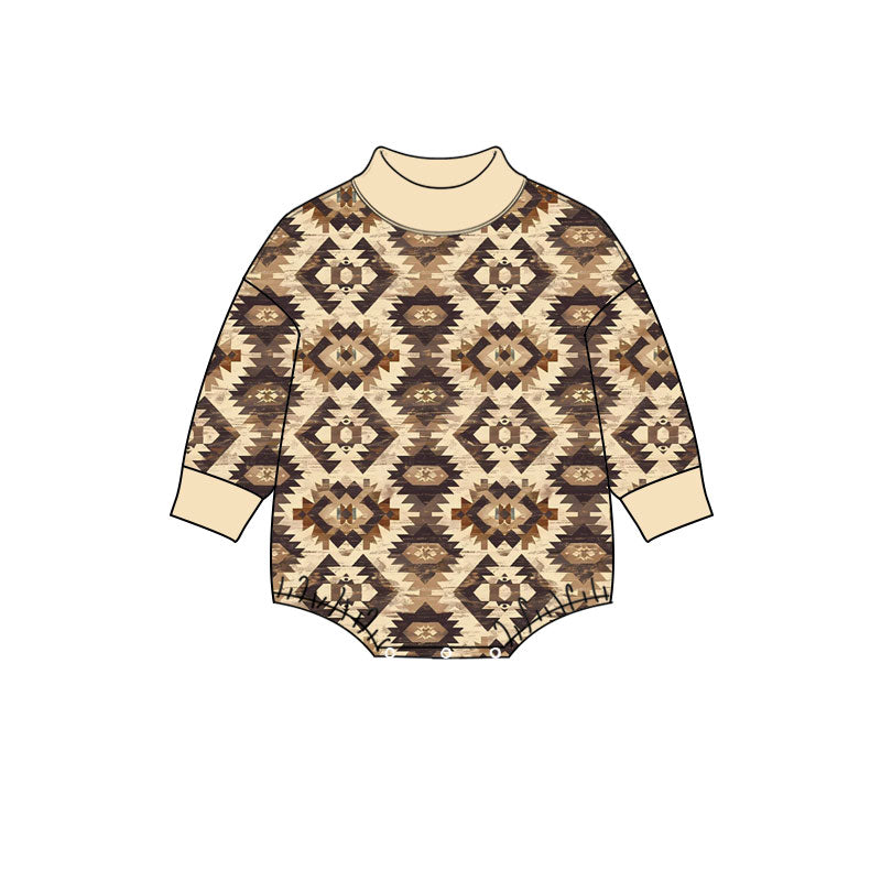 Preorder (moq 5) Baby Boy Clothes Beige Western Aztec Print Long Sleeve Mock Neck Bubble Romper