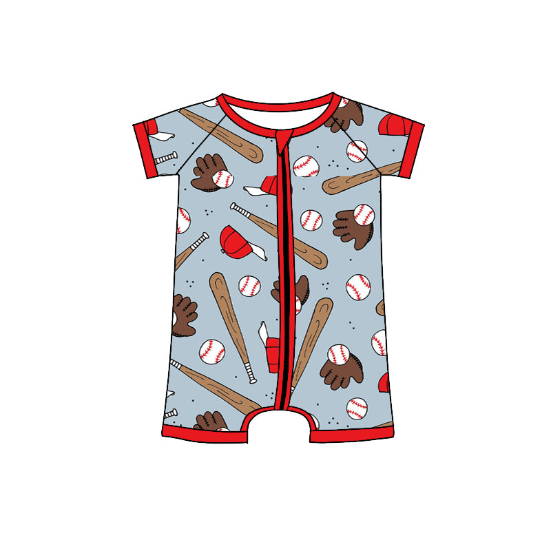 Preorder (moq 5) Baby Boy Romper Baseball Bat Glove Cap Print Short Sleeve Zipper Romper