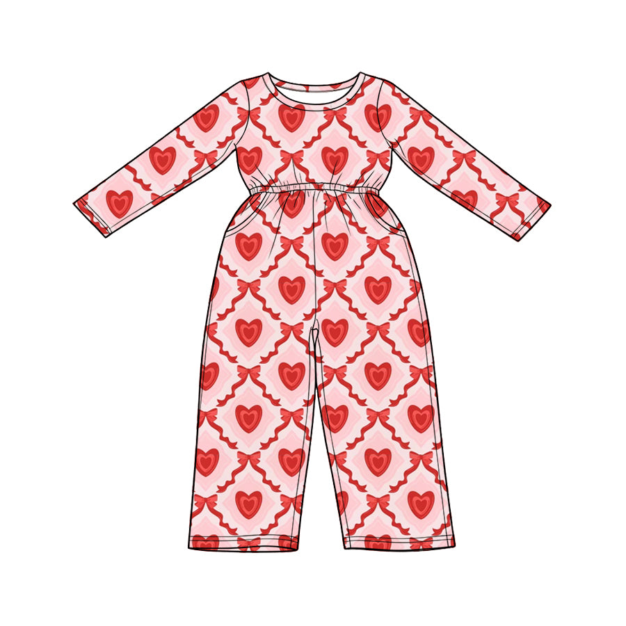Preorder (moq 5) Baby Girl Clothes Diamond Heart Bow Allover Print Long Sleeve Elastic Waist Pocket Jumpsuit