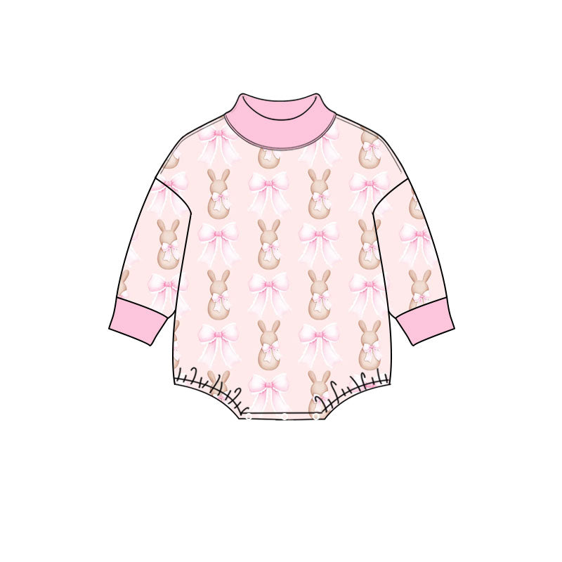 Preorder (moq 5) Baby Girl Clothes Easter Pastel Bow Bunny Pink Print Long Sleeve Mock Neck Bubble Romper