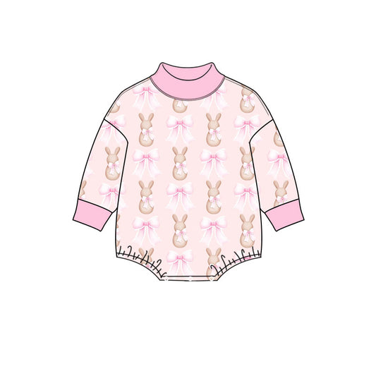 Preorder (moq 5) Baby Girl Clothes Easter Pastel Bow Bunny Pink Print Long Sleeve Mock Neck Bubble Romper