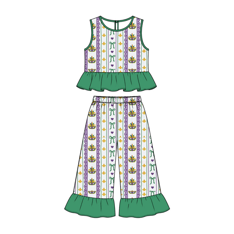 Preorder (moq 5) Baby Girl Clothes Mardi Gras Mask Fleur De Lis Stripe Mixed Print Sleeveless Ruffle Flare Pant Set