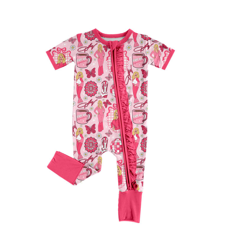 Preorder (moq 5) Baby Clothes Country Singer Print Short Sleeve Ruffle Zipper Romper