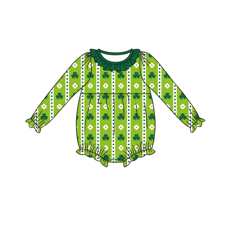 Preorder (moq 5) Baby Girl Clothes St Patricks Day Simple Clover Dot Stripe Print Long Sleeve Ruffle Bubble Romper