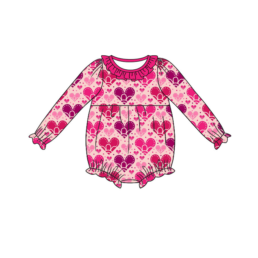 Preorder (moq 5) Baby Girl Clothes Ombre Heart Print Long Sleeve Ruffle Neck Bubble Romper