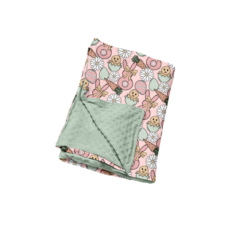 Preorder (moq 5) Baby Neutral Clothes Easter Chick Daisy Carrot Egg Mixed Print Minky Dot Baby Blanket