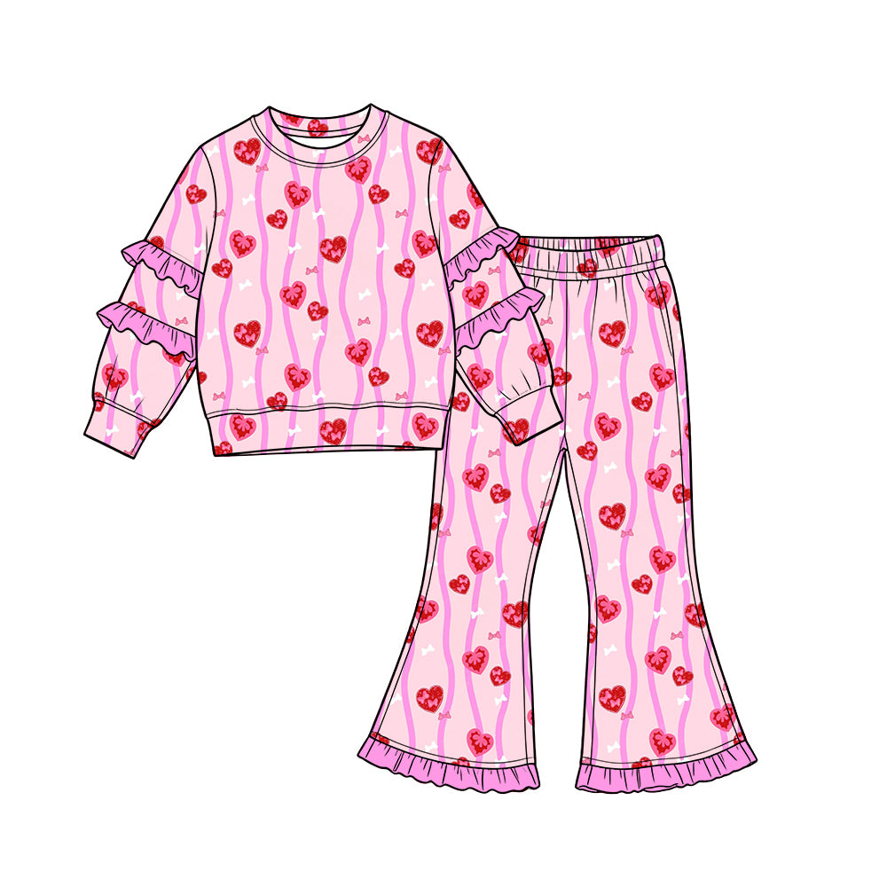 Preorder (moq 5) Baby Girl Clothes Glitter Heart Stripe Allover Print Long Sleeve Ruffle Sleeve Flare Pant Set