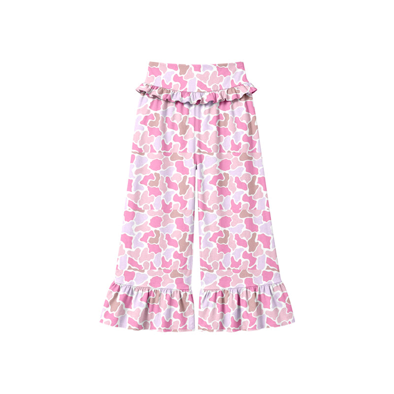 Preorder (moq 5) Baby Girl Clothes Pastel Pink Camo Print Ruffle High Waist Flare Pant