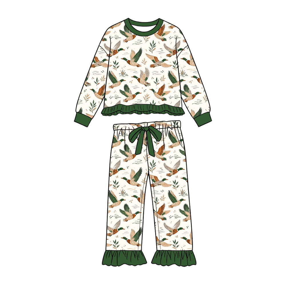 Preorder (moq 5) Baby Girl Clothes Green Flying Mallard Duck Foliage Print Long Sleeve Ruffle Top Ruffle Pant Set