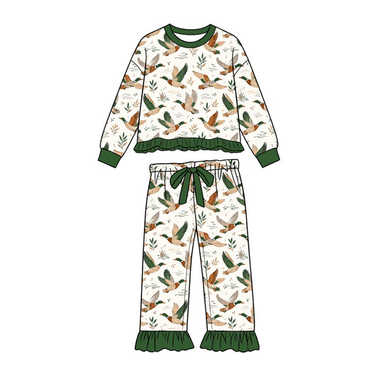 Preorder (moq 5) Baby Girl Clothes Green Flying Mallard Duck Foliage Print Long Sleeve Ruffle Top Ruffle Pant Set