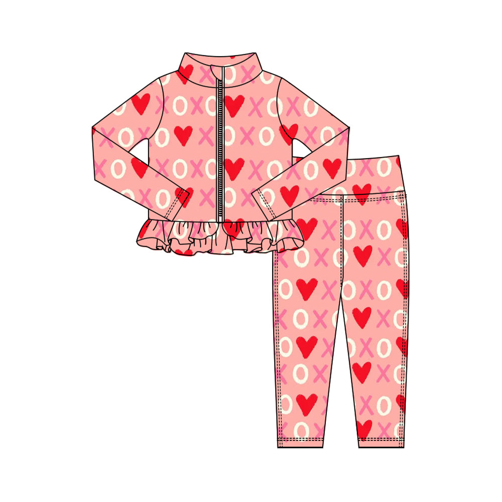 Preorder (moq 5) Baby Girl Clothes Valentine XOXO Heart Print Long Sleeve Zipper Ruffle Rash Guard Set