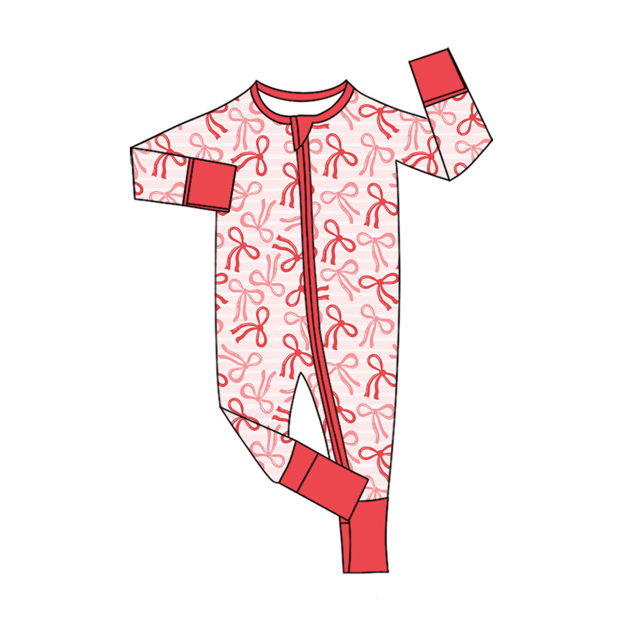 Preorder (moq 5) Baby Girl Clothes Red Bow Striped Print Long Sleeve Zipper Jumpsuit