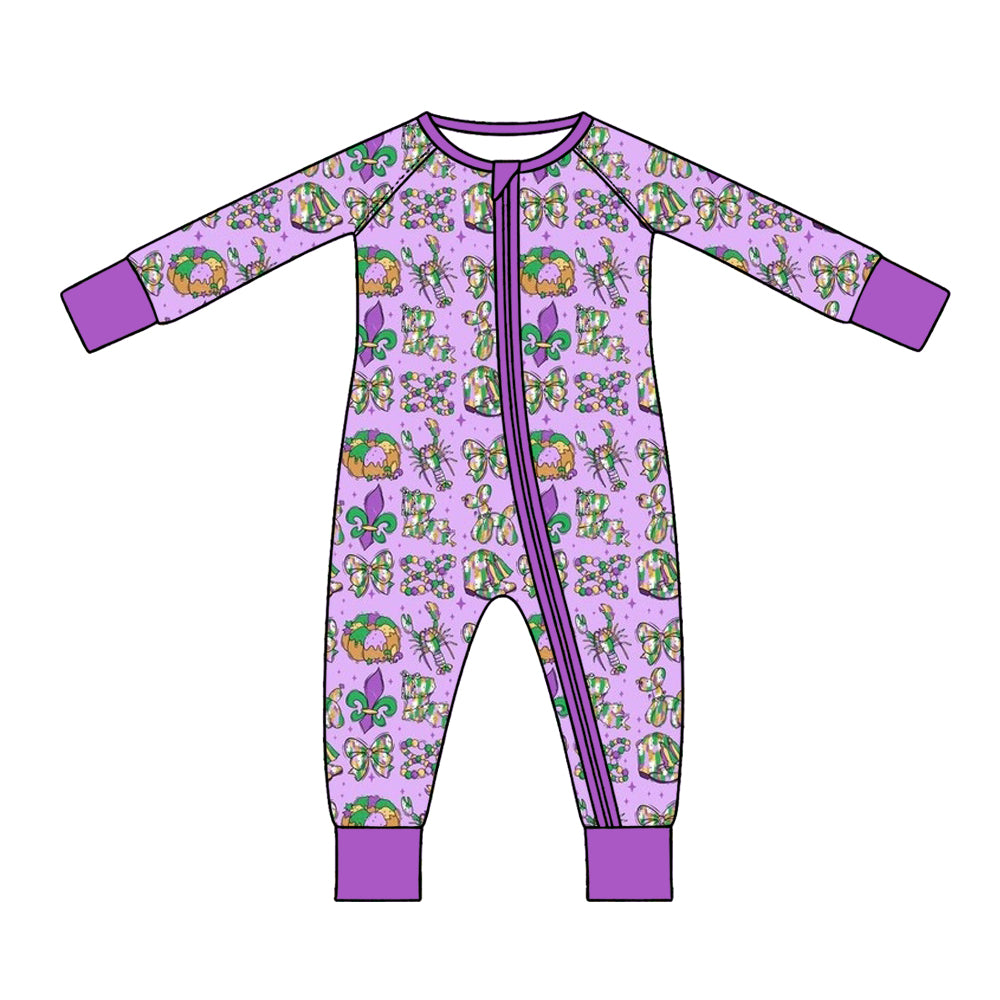 Preorder (moq 5) Baby Girl Clothes Mardi Gras Crawfish King Cake Fleur De Lis Mixed Print Long Sleeve Zipper Romper
