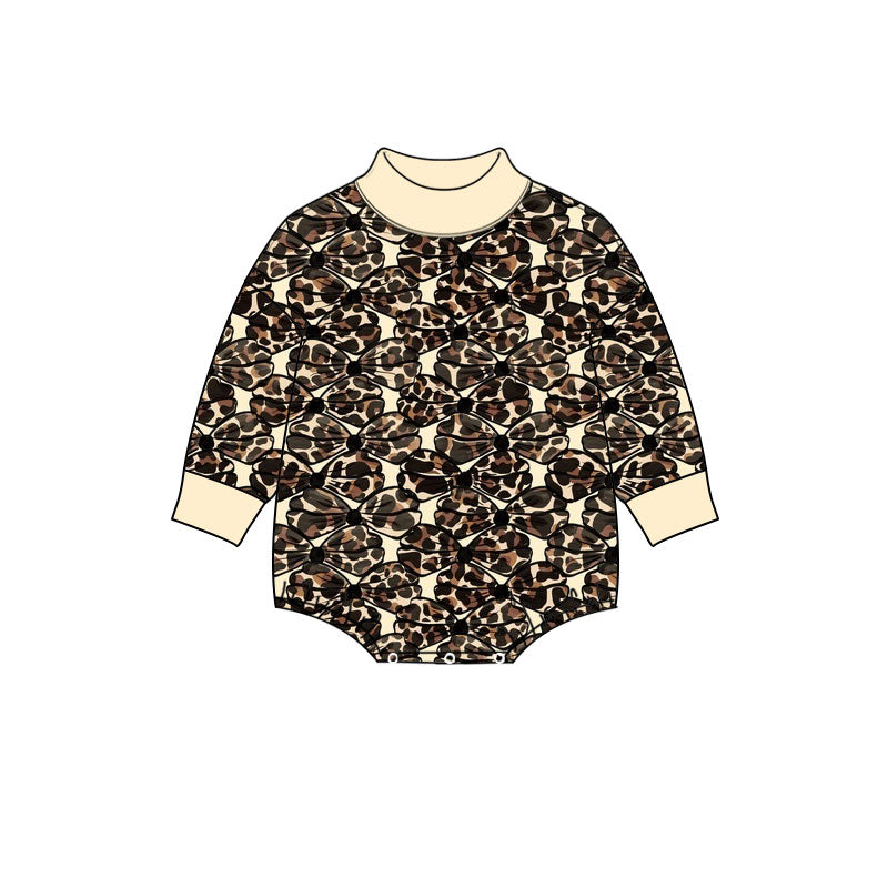 Preorder (moq 5) Baby Girl Clothes Leopard Bow Allover Print Long Sleeve Mock Neck Bubble Romper
