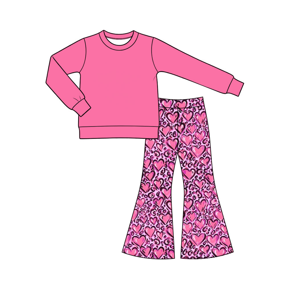 Preorder (moq 5) Baby Girl Clothes Valentine Heart Leopard Mixed Print Long Sleeve Top Flare Pant Set
