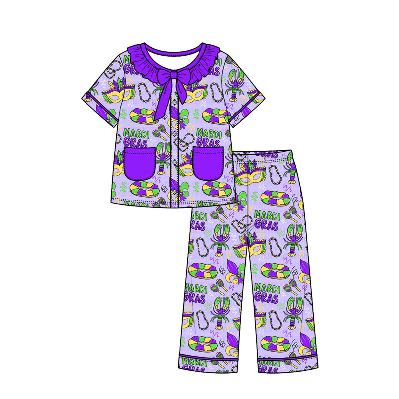 Preorder (moq 5) Girls Mardi Gras Pajamas Mask Crawfish Beads Print Ruffle Collar Bow Short Sleeve Top Long Pants Set