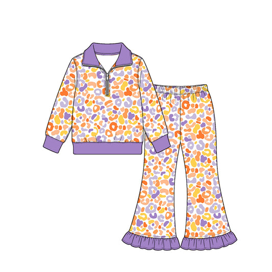 Preorder (moq 5) Baby Girl Clothes Purple Trim Colorful Leopard Print Long Sleeve Half Zip Top Ruffle Flare Pant Set