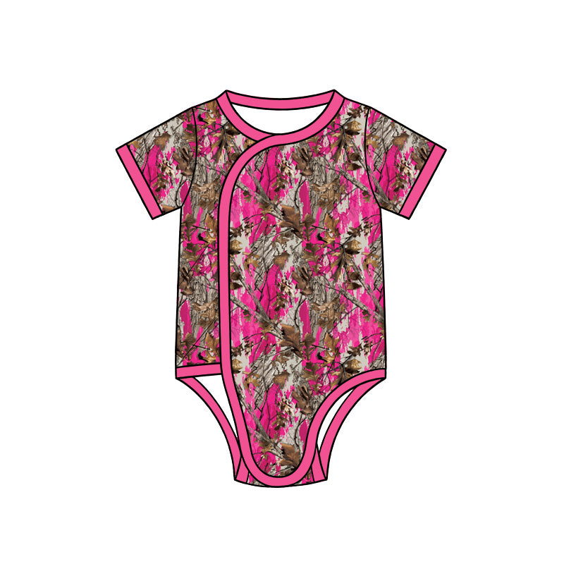 Preorder (moq 5) Baby Girl Clothes Hot Pink Woodland Hunting Camo Print Short Sleeve Side Snap Bodysuit