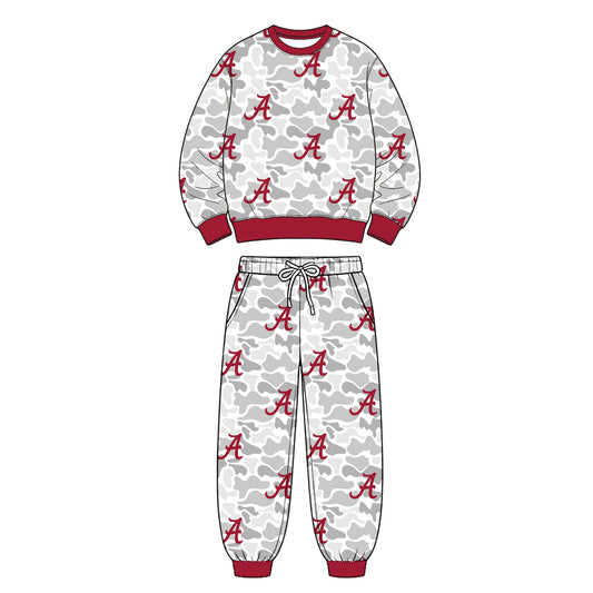 Preorder (moq 5) Alabama Baby Clothes Grey Camo Logo Mixed Print Long Sleeve Sweatshirt Jogger Pants Outfit Set