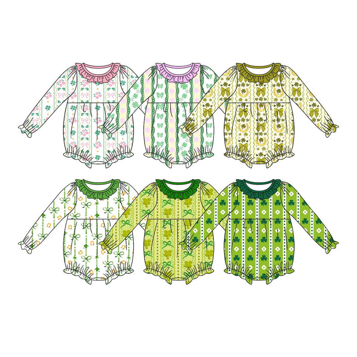 Preorder (moq 5) Baby Girl Clothes St Patricks Day Dotted Clover Bow Vertical Print Long Sleeve Ruffle Bubble Romper