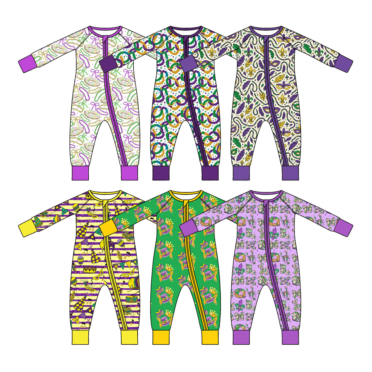 Preorder (moq 5) Baby Girl Clothes Mardi Gras Circle Bead Star Mixed Print Long Sleeve Zipper Romper