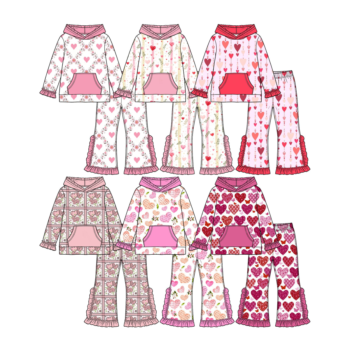Preorder (moq 5) Baby Girl Clothes Valentine Heart Rose Plaid Mixed Print Long Sleeve Hooded Top Ruffle Flare Pant Set