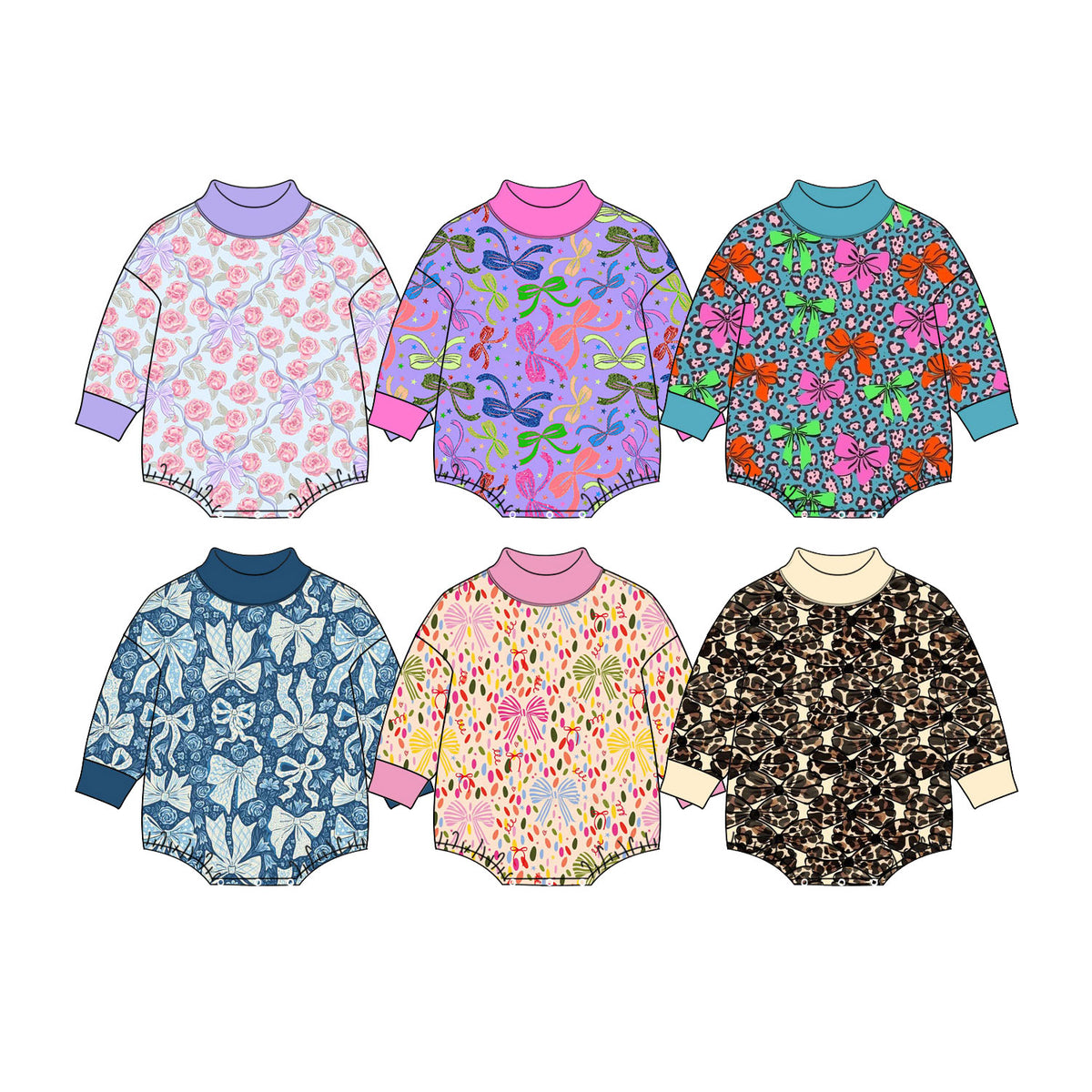 Preorder (moq 5) Baby Girl Clothes Leopard Bow Allover Print Long Sleeve Mock Neck Bubble Romper