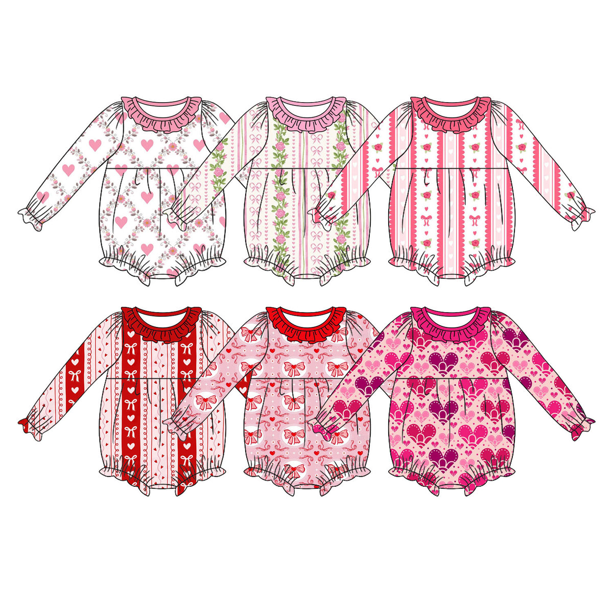 Preorder (moq 5) Baby Girl Clothes Ombre Heart Print Long Sleeve Ruffle Neck Bubble Romper