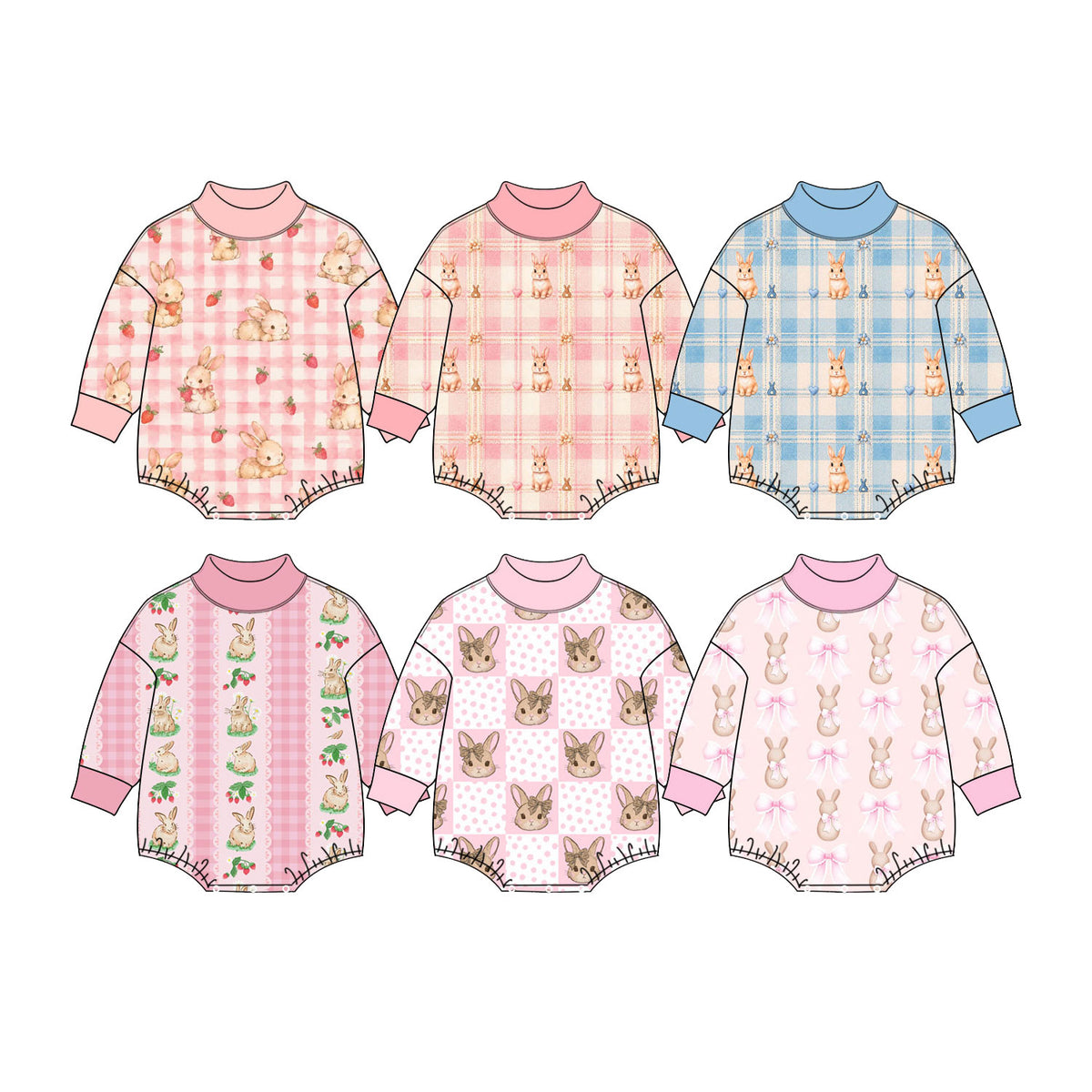 Preorder (moq 5) Baby Girl Clothes Easter Strawberry Bunny Lace Stripe Pink Print Long Sleeve Mock Neck Bubble Romper